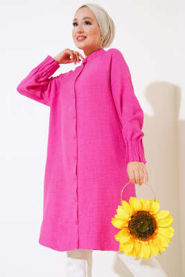 Bileği Nervürlü Uzun Gömlek Fuşya - Thumbnail
