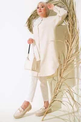 Bileği Nervürlü Uzun Gömlek Bej - Thumbnail