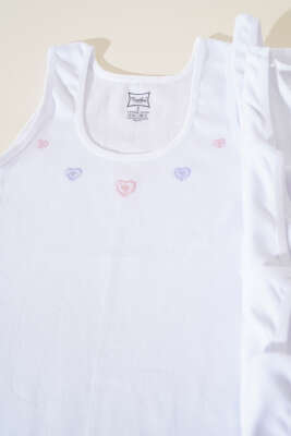 Tutku 6'lı İşlemeli Geniş Askılı Kız Çocuk Atlet Beyaz - Thumbnail