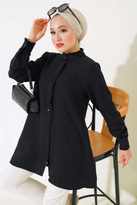 Pazarium - Kol ve Yaka Fırfır Detaylı Gömlek Siyah