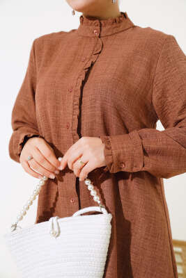 Kol ve Yaka Fırfır Detaylı Gömlek Kahve - Thumbnail