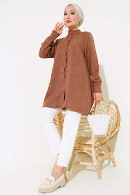 Kol ve Yaka Fırfır Detaylı Gömlek Kahve - Thumbnail