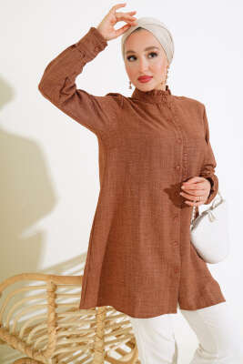 Pazarium - Kol ve Yaka Fırfır Detaylı Gömlek Kahve