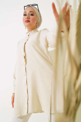 Pazarium - Kol ve Yaka Fırfır Detaylı Gömlek Bej