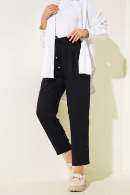 Bel Bağcıklı Havuç Pantolon Siyah - Thumbnail