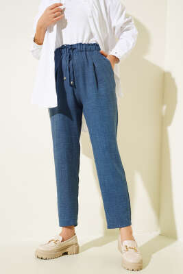 Bel Bağcıklı Havuç Pantolon İndigo - Thumbnail