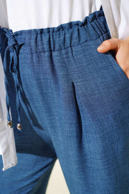 Bel Bağcıklı Havuç Pantolon İndigo - Thumbnail