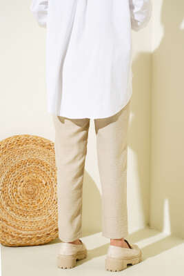 Bel Bağcıklı Havuç Pantolon Bej - Thumbnail