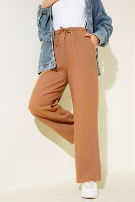 Bel Bağcıklı Paça Püsküllü Pantolon Vizon - Thumbnail