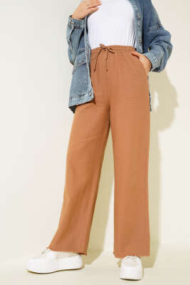 Bel Bağcıklı Paça Püsküllü Pantolon Vizon - Thumbnail