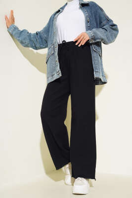 Bel Bağcıklı Paça Püsküllü Pantolon Siyah - Thumbnail