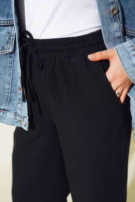 Bel Bağcıklı Paça Püsküllü Pantolon Siyah - Thumbnail