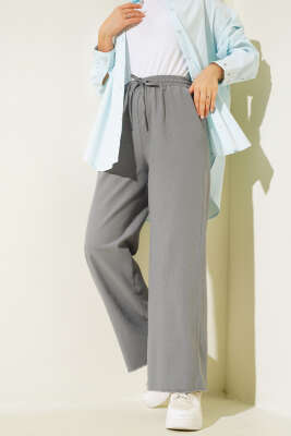 Bel Bağcıklı Paça Püsküllü Pantolon Gri - Thumbnail