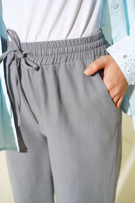 Bel Bağcıklı Paça Püsküllü Pantolon Gri - Thumbnail