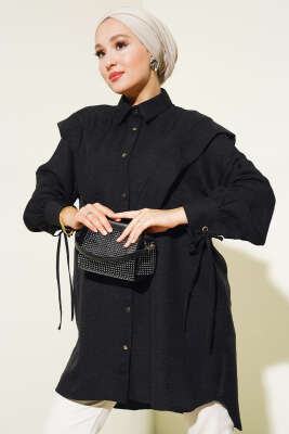 Kuş Gözlü V Alerli Gömlek Siyah - Thumbnail