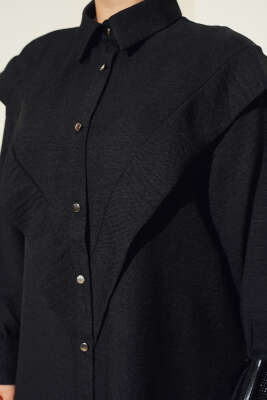 Kuş Gözlü V Alerli Gömlek Siyah - Thumbnail