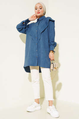 Kuş Gözlü V Alerli Gömlek İndigo - Thumbnail