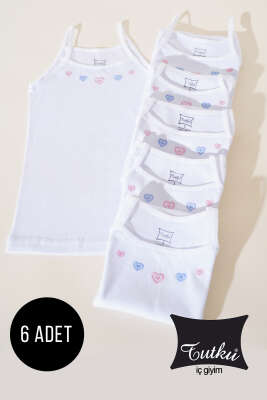 Tutku 6'lı İşlemeli İp Askılı Kız Çocuk Atlet Beyaz - Thumbnail