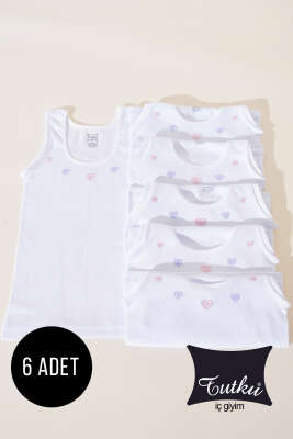 Tutku 6'lı İşlemeli Geniş Askılı Kız Çocuk Atlet Beyaz - Thumbnail