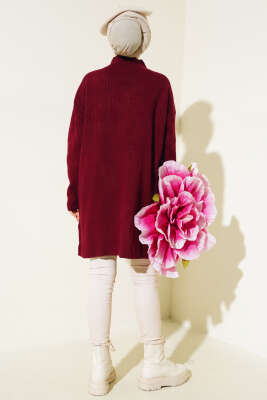 Fitilli Kol Düğme Detaylı Triko Tunik Bordo - Thumbnail