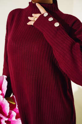 Fitilli Kol Düğme Detaylı Triko Tunik Bordo - Thumbnail