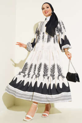 Pazarium - Etnik Desen Patlı Elbise Siyah