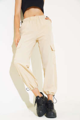 Bel Ve Paça Lastikli Kargo Cep Paraşüt Pantolon Bej - Thumbnail