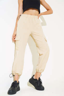 Bel Ve Paça Lastikli Kargo Cep Paraşüt Pantolon Bej - Thumbnail