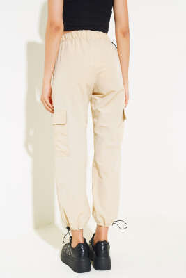 Bel Ve Paça Lastikli Kargo Cep Paraşüt Pantolon Bej - Thumbnail