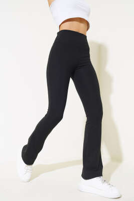 İspanyol Paça Yüksek Bel Tayt Siyah - Thumbnail