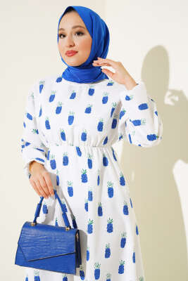 Ananas Desenli Bel Lastikli Terikoton Elbise Beyaz Saks - Thumbnail