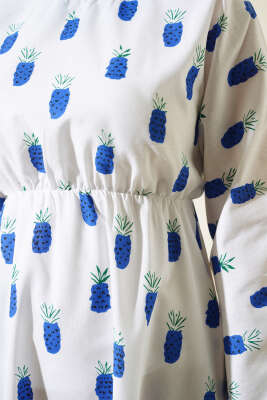 Ananas Desenli Bel Lastikli Terikoton Elbise Beyaz Saks - Thumbnail