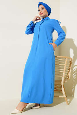 Pazarium - Omuz Taş Detaylı Elbise Mavi