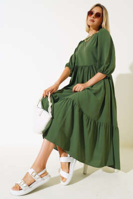 Yarım Kol Kat Midi Elbise Haki - Thumbnail