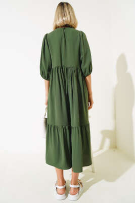 Yarım Kol Kat Midi Elbise Haki - Thumbnail