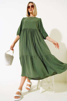 Yarım Kol Kat Midi Elbise Haki - Thumbnail