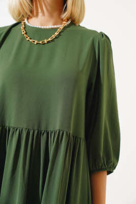 Yarım Kol Kat Midi Elbise Haki - Thumbnail