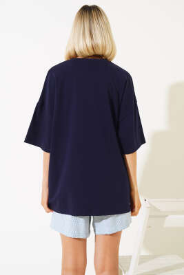 Askı Nakışlı T-shirt Lacivert - Thumbnail