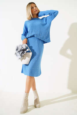 İnci Süslemeli Etekli Triko İkili Takım İndigo - Thumbnail