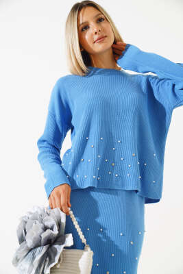 İnci Süslemeli Etekli Triko İkili Takım İndigo - Thumbnail