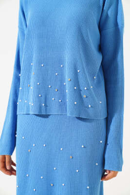 İnci Süslemeli Etekli Triko İkili Takım İndigo - Thumbnail