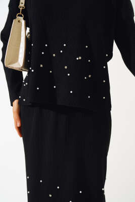 İnci Süslemeli Etekli Triko İkili Takım Siyah - Thumbnail