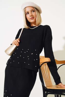 İnci Süslemeli Etekli Triko İkili Takım Siyah - Thumbnail