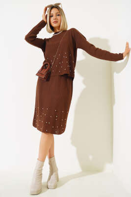 İnci Süslemeli Etekli Triko İkili Takım Kahve - Thumbnail