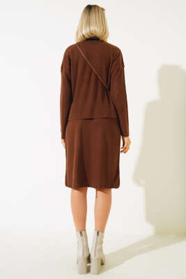 İnci Süslemeli Etekli Triko İkili Takım Kahve - Thumbnail