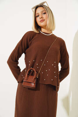 İnci Süslemeli Etekli Triko İkili Takım Kahve - Thumbnail