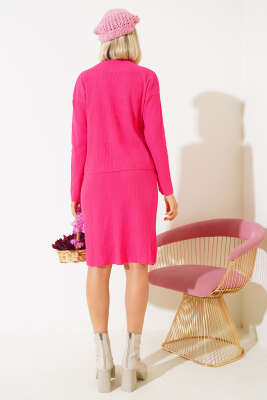 İnci Süslemeli Etekli Triko İkili Takım Fuşya - Thumbnail