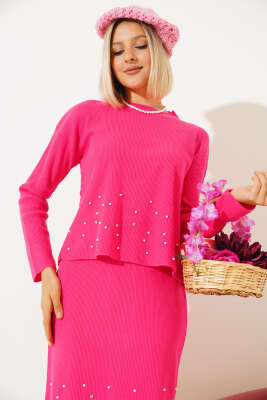 İnci Süslemeli Etekli Triko İkili Takım Fuşya - Thumbnail