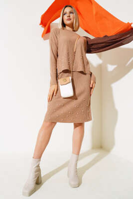 İnci Süslemeli Etekli Triko İkili Takım Büsküvi - Thumbnail