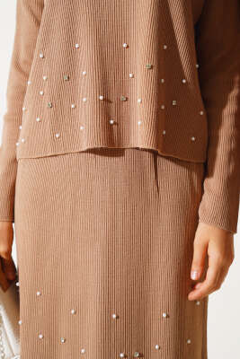 İnci Süslemeli Etekli Triko İkili Takım Büsküvi - Thumbnail